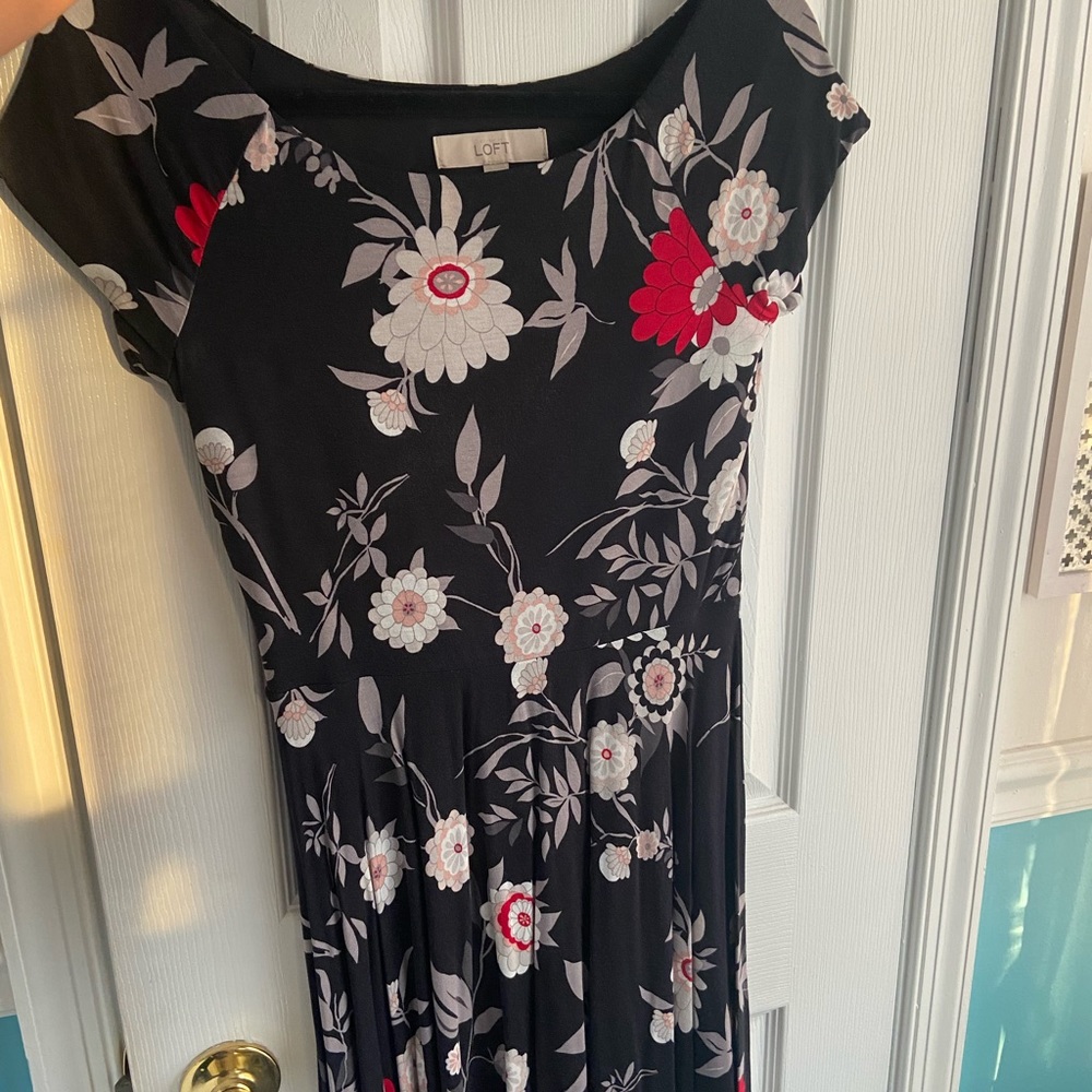 Professional dress, navy blue with large flowers
